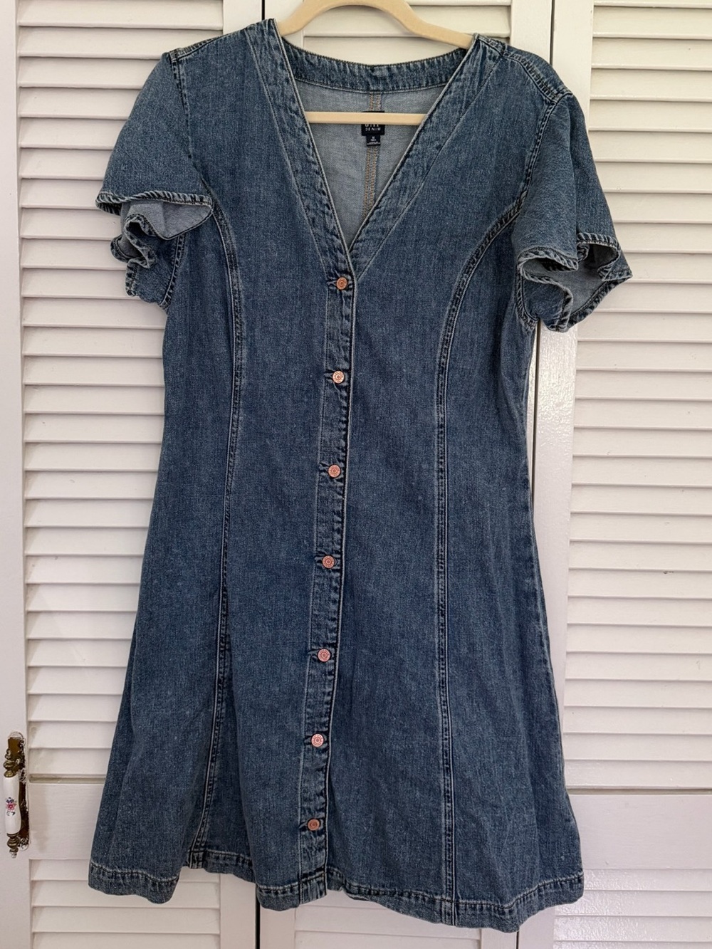 Denim Button-Front V-Neck Women’s Dress in Dark Blue